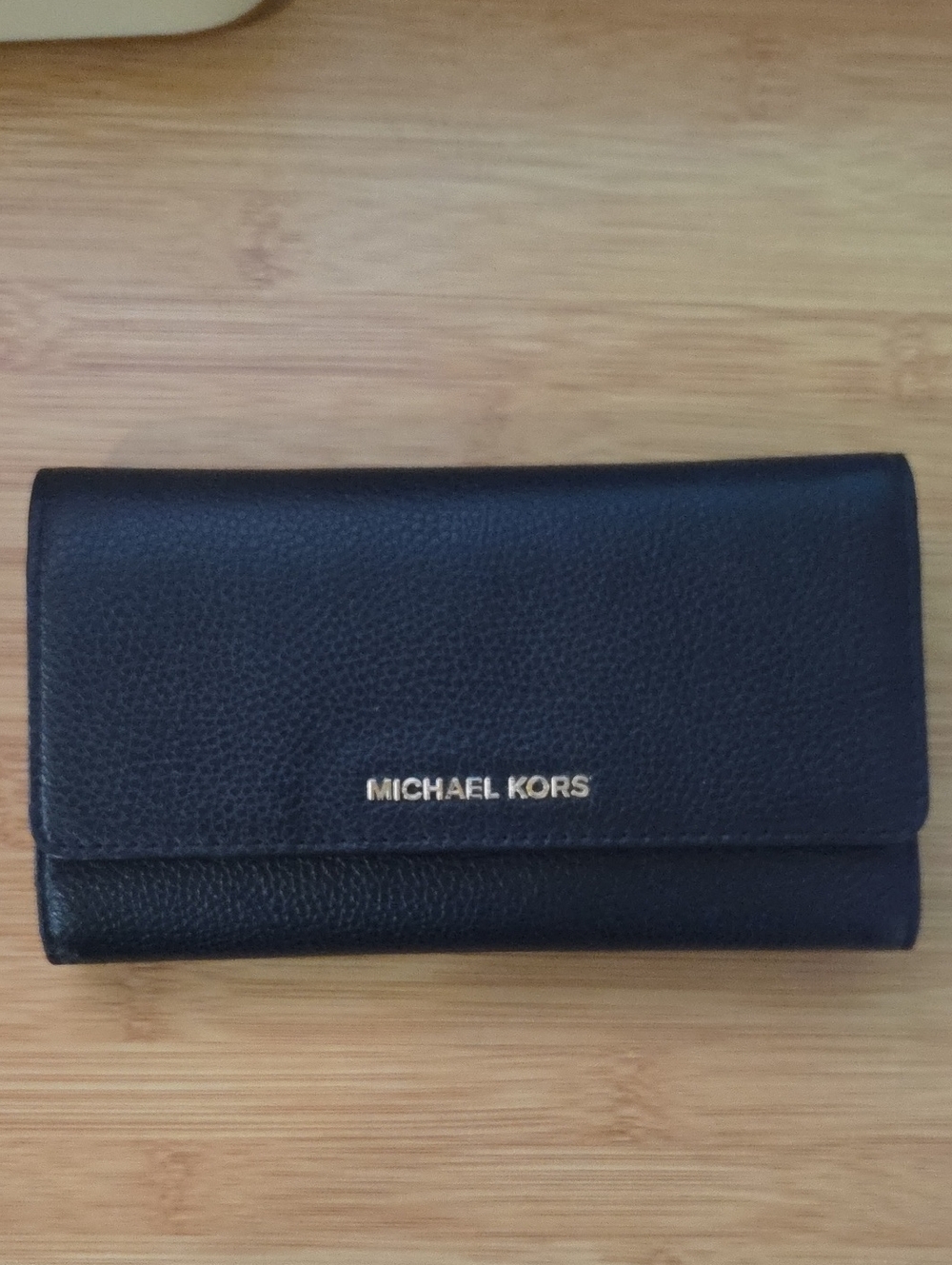 Michael Kors Black Pebbled Leather Folded Card Wallet with Gold Logo